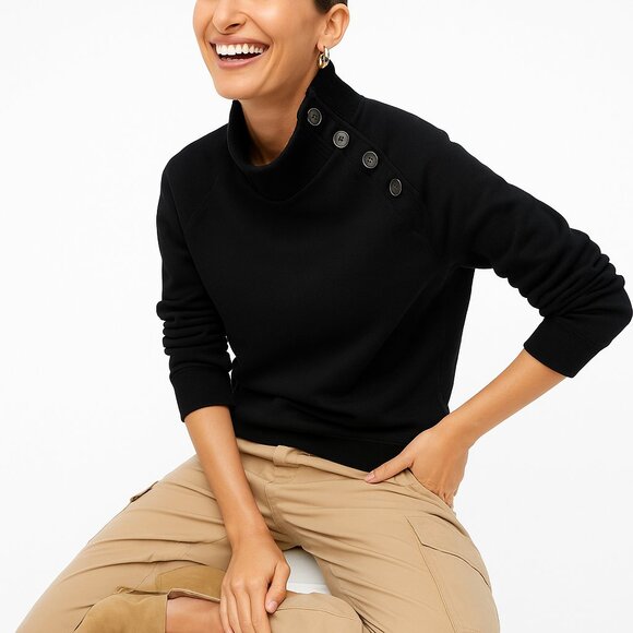 J.Crew Wide Button Collar Pullover Sweatshirt Size Small Black Long Sleeve - Picture 1 of 11